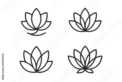 Set of four lotus flower logo designs. Linear style icons for yoga studio, spa, or wellness brand. Elegant floral symbols for beauty, harmony, and meditation concepts.