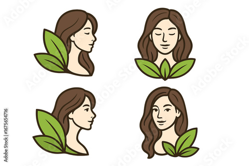 Set of woman face logo illustrations with leaves. Natural beauty, organic cosmetics, and skincare icon. Vector design element for spa, wellness, health, and beauty salon.