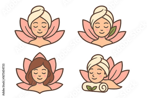 Beauty spa logo collection. Woman with towel in lotus flower. Vector icon set for wellness, massage, skincare. Natural organic cosmetic brand identity symbol for relaxation.