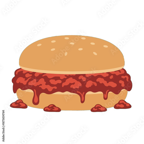 A delicious-looking sandwich with a generous helping of meat filling, presented in an appealing cartoon style.