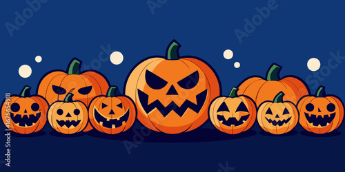 Cartoon Halloween Pumpkin Patch with Glowing Eyes and Spooky Smiles Ideal for Festive Backgrounds and Seasonal Decorations in Vector Format