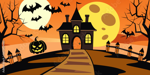 Spooky Halloween Night Scene with Haunted House Pumpkin Bats Full Moon Bare Trees and a Fence in an Orange Sky