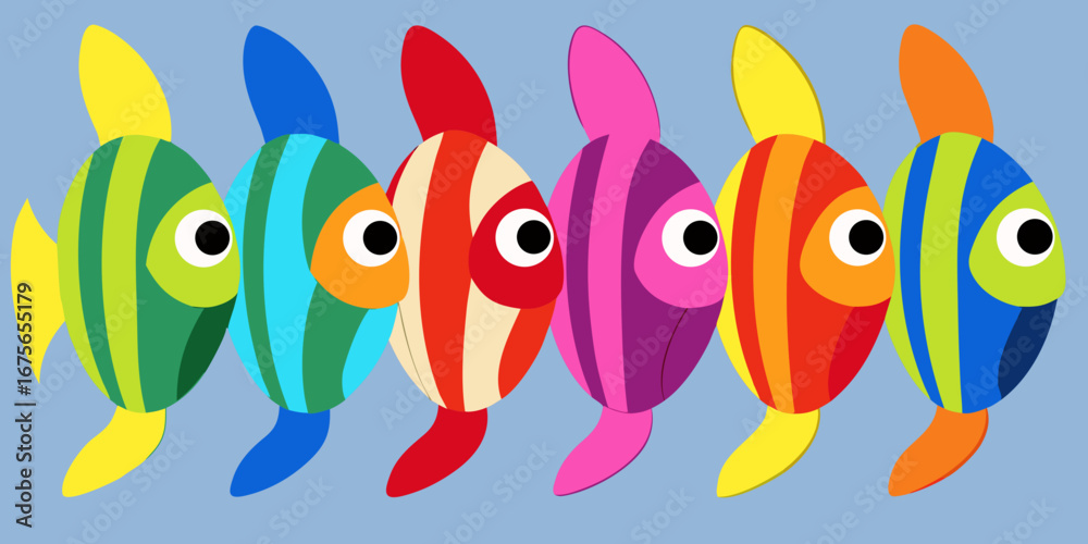 Fototapeta premium Colorful Cartoon Fish Swimming Together in a Row Featuring Bright Stripes and Cheerful Design on a Light Blue Background