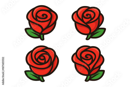 Set of red rose flower logo icons. Vector cartoon illustration collection for beauty, spa, or floral shop. Symbol of love, romance, passion. Isolated decorative element.