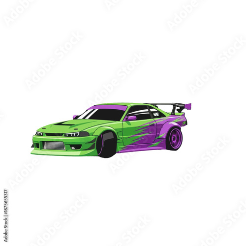 A vibrant lime green sports car, accented with purple graphics, is displayed against a stark black background.