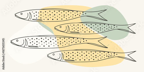 Minimalist Illustration of Sardines with Abstract Shapes in Background Modern and Simple Design for Seafood or Restaurant Themes