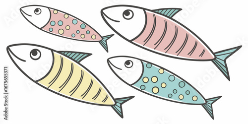 Four Colorful Sardines in a Hand Drawn Style Featuring Pastel Colors and Simple Line Work on a White Background Ideal for Children