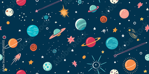 Colorful Hand Drawn Space Pattern with Planets Stars Comets and Asteroids on a Dark Blue Background for Kids and Adults