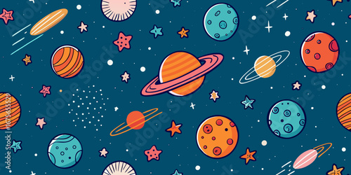 Cosmic Cartoon Pattern Featuring Planets Stars and Space Debris on a Dark Blue Background Perfect for Children s Designs and Creative Projects