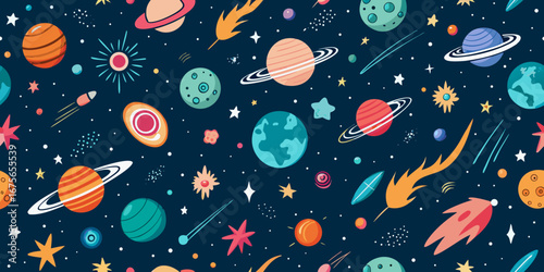 Seamless Pattern of Colorful Planets Stars and Space Elements on a Dark Blue Background Perfect for Children s Products and Creative Projects