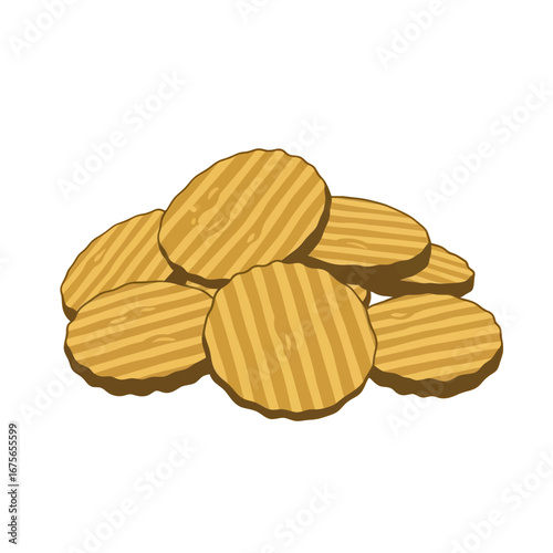 A pile of golden-brown, ridged potato chips against a black background.