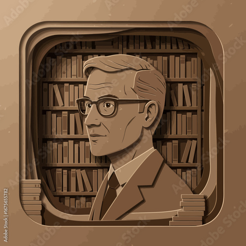Vintage paper cutout of man in glasses in library setting