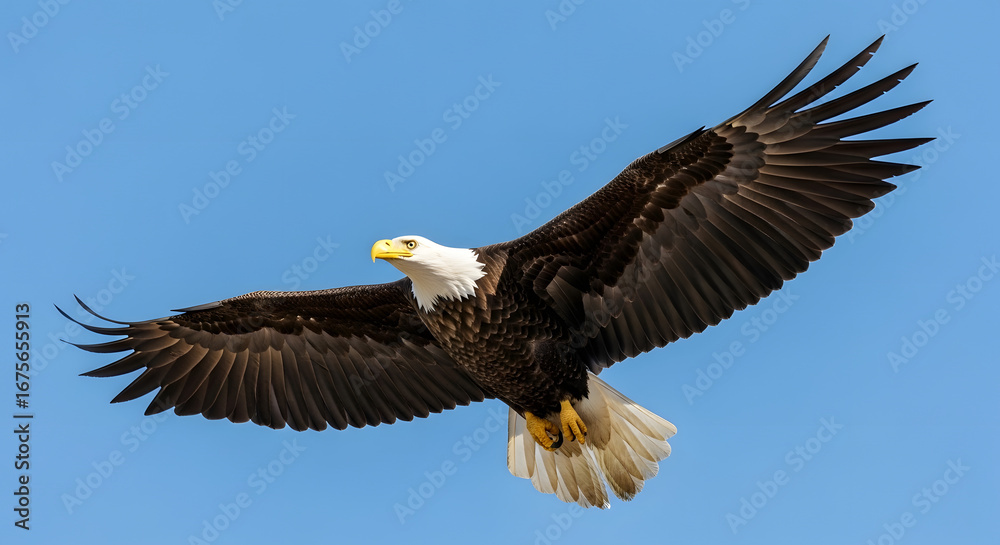 Fototapeta premium Bald eagle soaring majestically against a clear blue sky