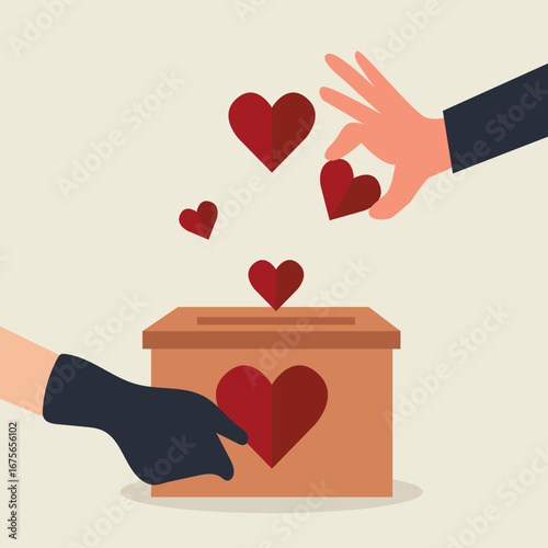 A pair of hands holding a charity box, the other hand  putting hearts into the box box , Concept for sharing love, Helping others, Charity supported vector illustration