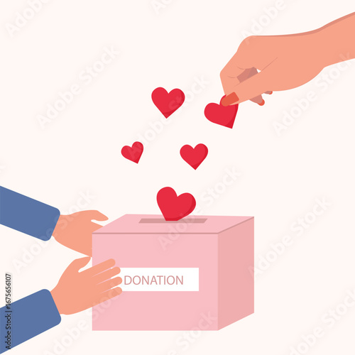 A pair of hands holding a charity box, the other hand  putting hearts into the box box , Concept for sharing love, Helping others, Charity supported vector illustration