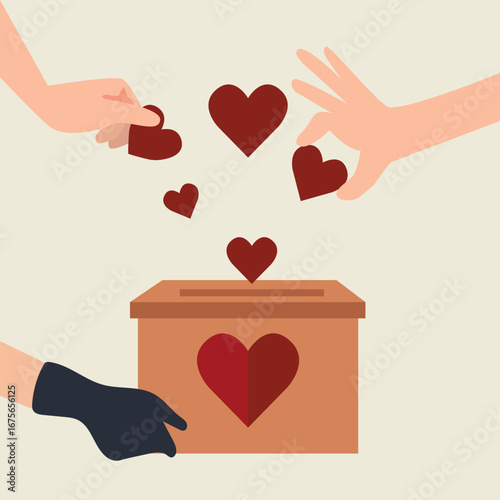 A pair of hands holding a charity box, the other hand  putting hearts into the box box , Concept for sharing love, Helping others, Charity supported vector illustration
