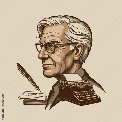 Retro writer design: vintage author with typewriter and pen