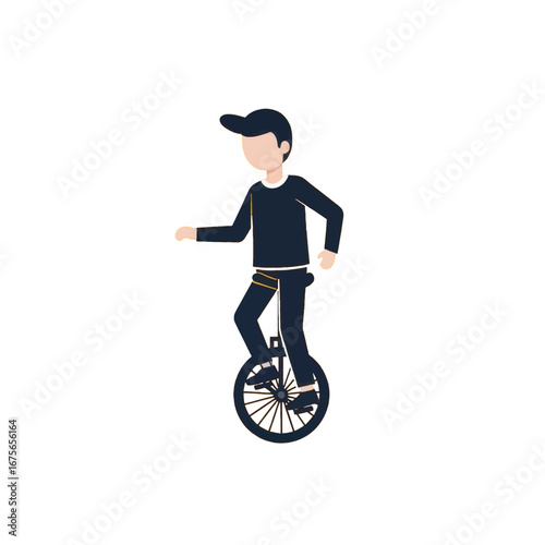 A stylized figure balances precariously on a unicycle against a bold black backdrop.