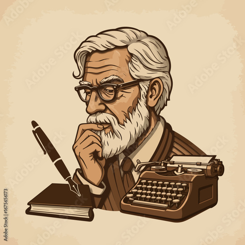 Vintage writer exploring ideas with notepad, pen, and typewriter in retro style
