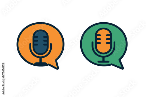 Podcast microphone icon in speech bubble. Set of vector logos for audio broadcast, radio show, or interview. Communication and talk concept. Voice recording symbol illustration.