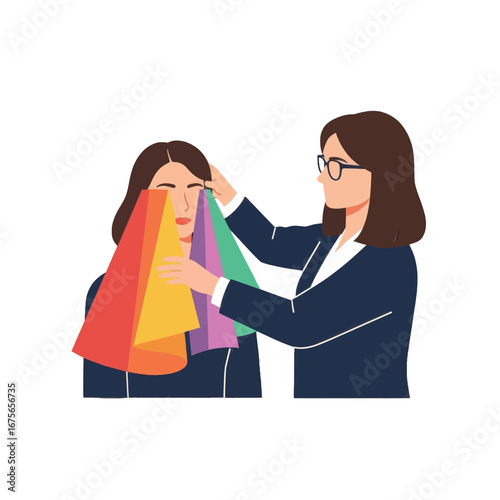 A stylized illustration depicts a person assessing color swatches against a face, showcasing a vibrant spectrum of hues.