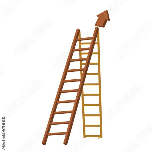 A pair of wooden ladders illustrates upward progress with an upward-pointing arrow prominently positioned at the top of the structure.