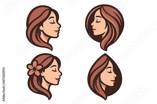 Woman face logo set for beauty, spa, salon. Vector illustration of female profile with elegant hair & flower. Feminine icon for cosmetics, skincare, wellness brand concept.