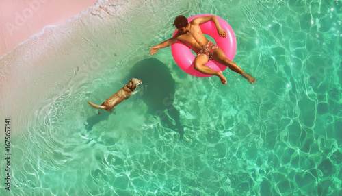 High angle shot of man and dog playing in the water at the beach.