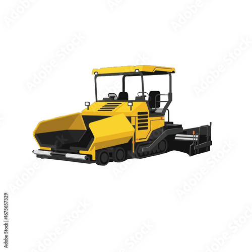 A vivid illustration of a yellow asphalt paver machine against a black backdrop.