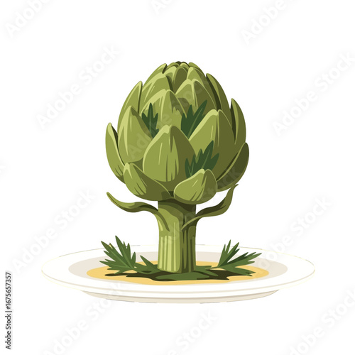 A vibrant, illustrated artichoke sits elegantly on a white plate, accented by a light yellow sauce and fresh herbs.