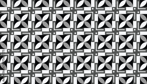 Minimalist geometric vector design with repetitive floral and square shapes in black and gray tones. Perfect for branding, modern wallpapers, and surface decoration