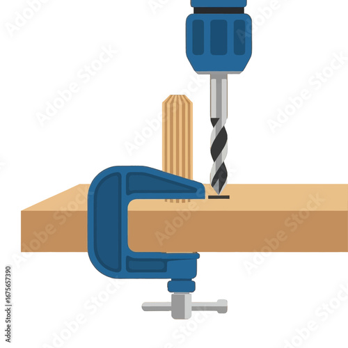 A woodworking process showcasing a drill bit piercing wood secured by a clamp.