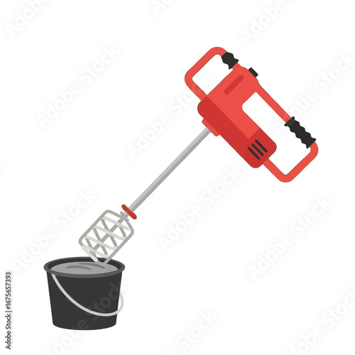 A flat, stylized illustration of a red electric mixer positioned above a dark gray bucket filled with a light gray substance.