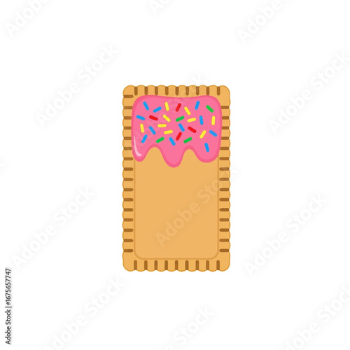 A delectable illustration of a rectangular biscuit, topped with pink icing and colorful sprinkles.