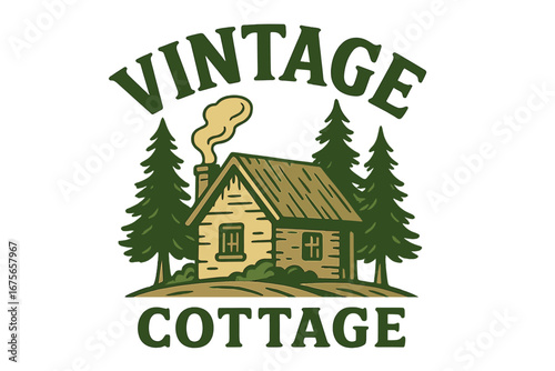 Vintage cottage logo template. Retro cabin in the woods illustration. Vector forest house for outdoor adventure, travel, camping badge. Pine trees, nature emblem for t-shirt print.