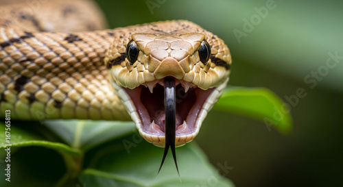 A close up of a snake with its mouth open showing its fangs and forked tongue on green leaves