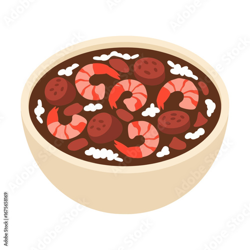 A bowl of flavorful gumbo, showcasing shrimp, sausage, and rice, is presented in a colorful, appetizing illustration.