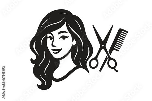 Hair salon logo with beautiful woman face silhouette. Vector icon for hairdresser, beauty studio, or stylist. Feminine hairstyle concept with scissors and comb emblem design.
