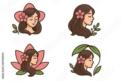 Woman face and flower logo set for beauty salon, spa, hair care. Feminine vector illustration collection. Natural cosmetics, wellness, organic product icon. Skin care girl.