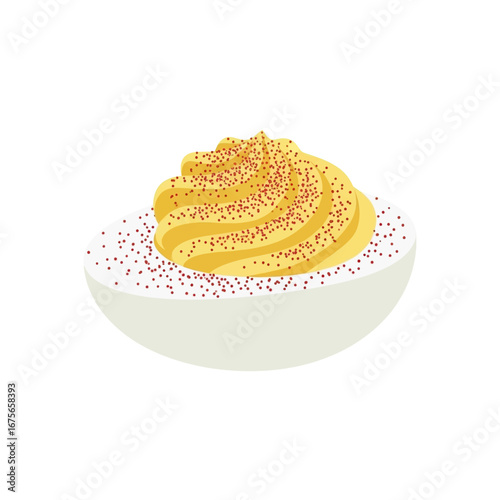 A stylized depiction of a deviled egg, showcasing a creamy, yellow filling swirled on top of a white egg yolk, and adorned with small, red specks.