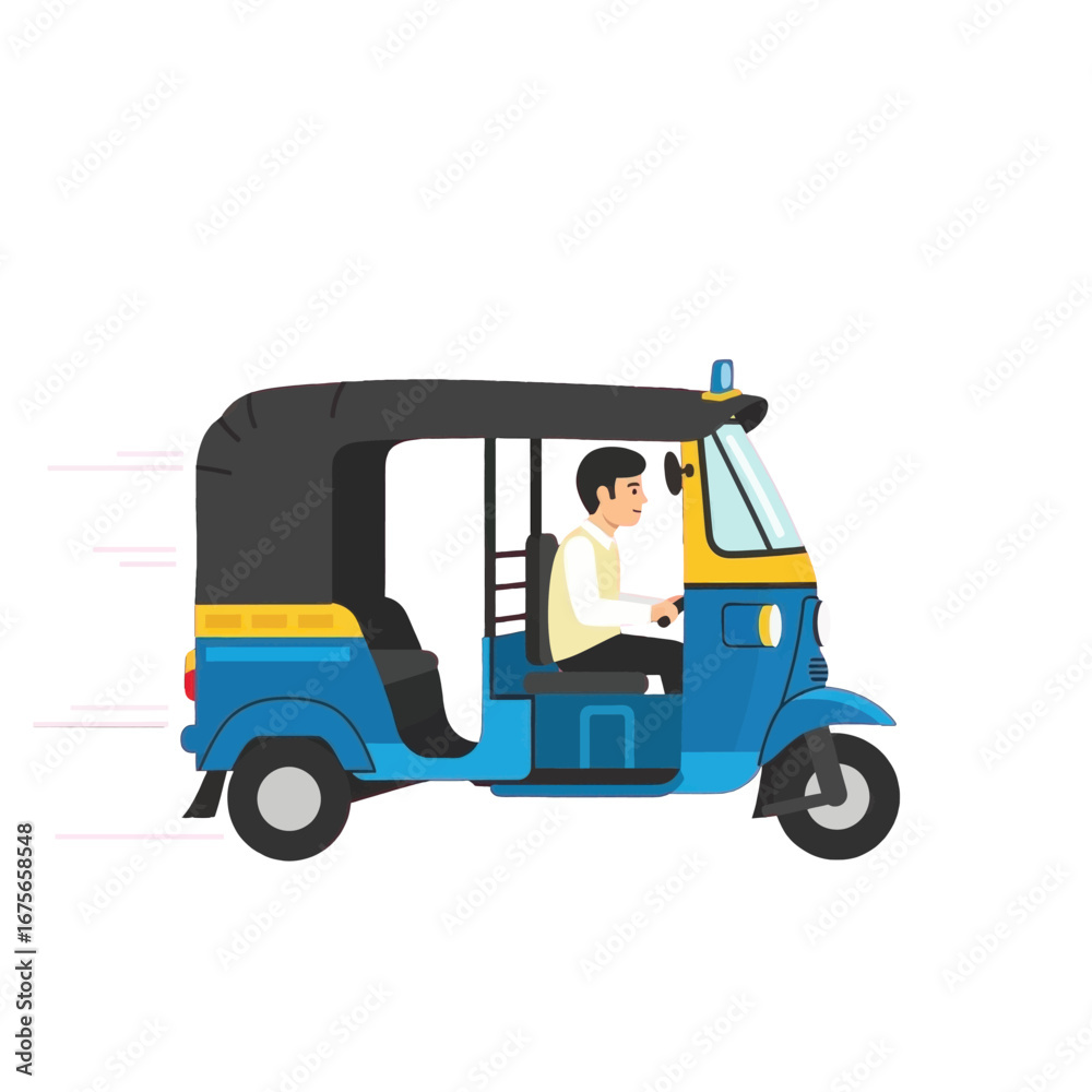 Fototapeta premium A stylized depiction of a blue auto-rickshaw, with a driver, moving quickly against a black backdrop.