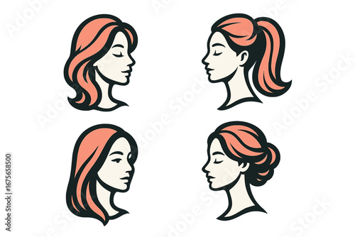 Woman head logo set for beauty, hair salon, or spa. Female profile portrait with various hairstyles like ponytail and bun. Vector icon collection for cosmetic and fashion brands.