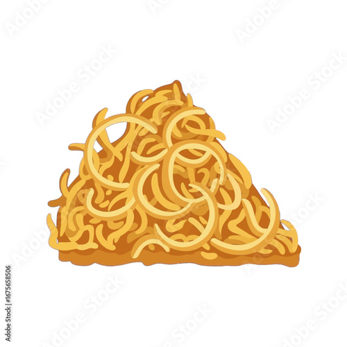 A heap of golden, curly pasta is displayed against a black background.