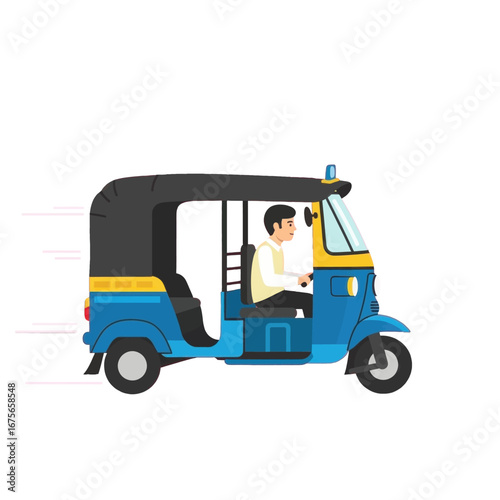 A stylized depiction of a blue auto-rickshaw, with a driver, moving quickly against a black backdrop.