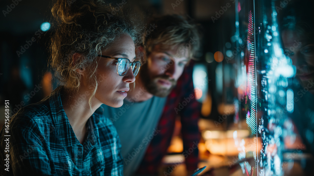Fototapeta premium Two individuals focus intently on a digital display in a contemporary workspace. The atmosphere is dimly lit, highlighting their collaboration and innovative ideas as they explore technology.