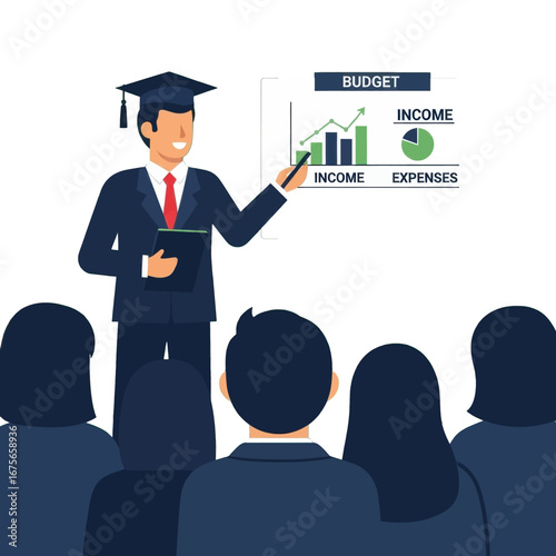 A businessperson presents a budget presentation to a group of attentive listeners, showcasing income and expenses graphs and charts.