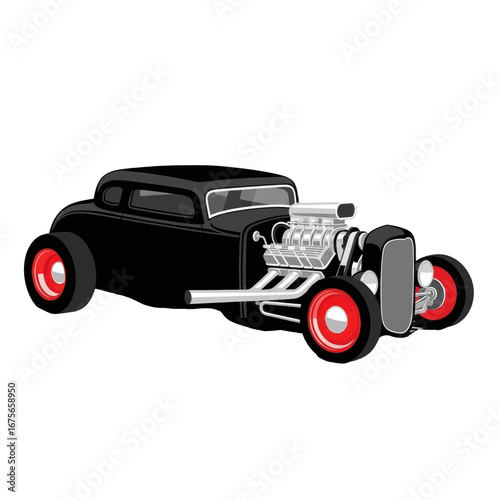 A stylized, black hot rod, showcasing a powerful engine and custom red rims, is prominently displayed against a dark background.