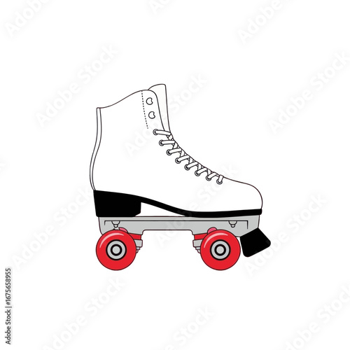 A vibrant, outlined illustration of roller skates, showcasing a bold white boot and bright red wheels against a stark black backdrop.