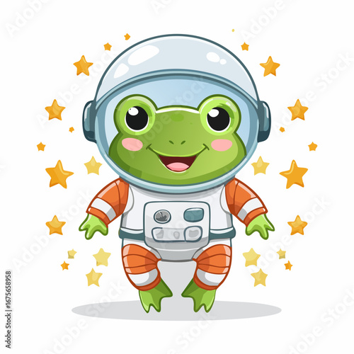 Cartoon Frog Astronaut Floating Among Stars