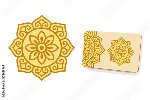 Golden mandala flower logo and business card template. Vector set for branding and corporate identity. Elegant oriental ornament for yoga studio, spa, or beauty salon design.